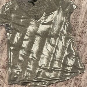 White House Black Market Metallic Silver V-Neck Top